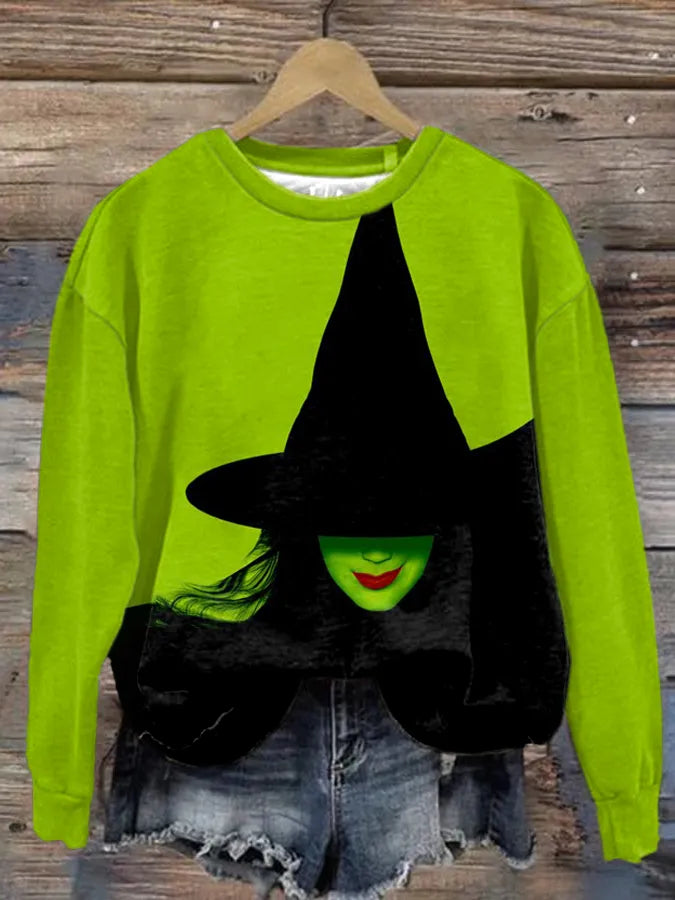 Halloween Witch Print Round Neck Sweatshirt