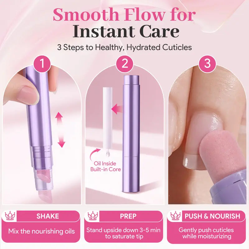3-in-1 Cuticle Remover & Nail Strengthener Ceramic Cuticle Pusher Pen with Micro-Dosing Oil